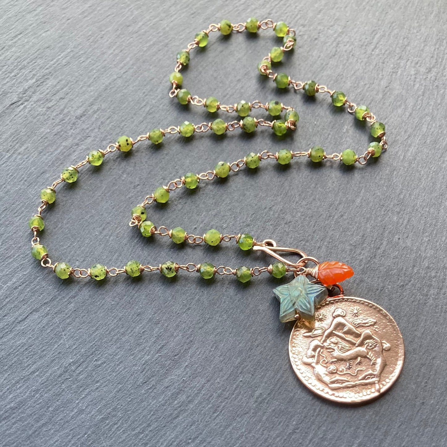 Nephrite Jade, Rose Gold & Bronze Tibetan Snow Lion Coin Necklace