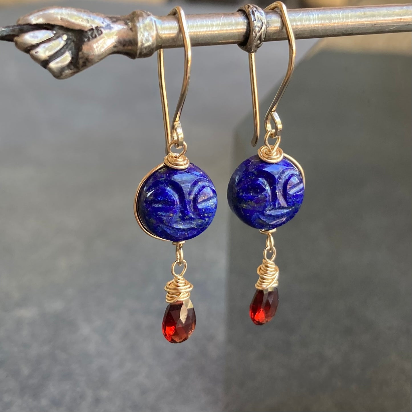 Lapis, Mozambique Garnet & Gold Full Moon Earrings