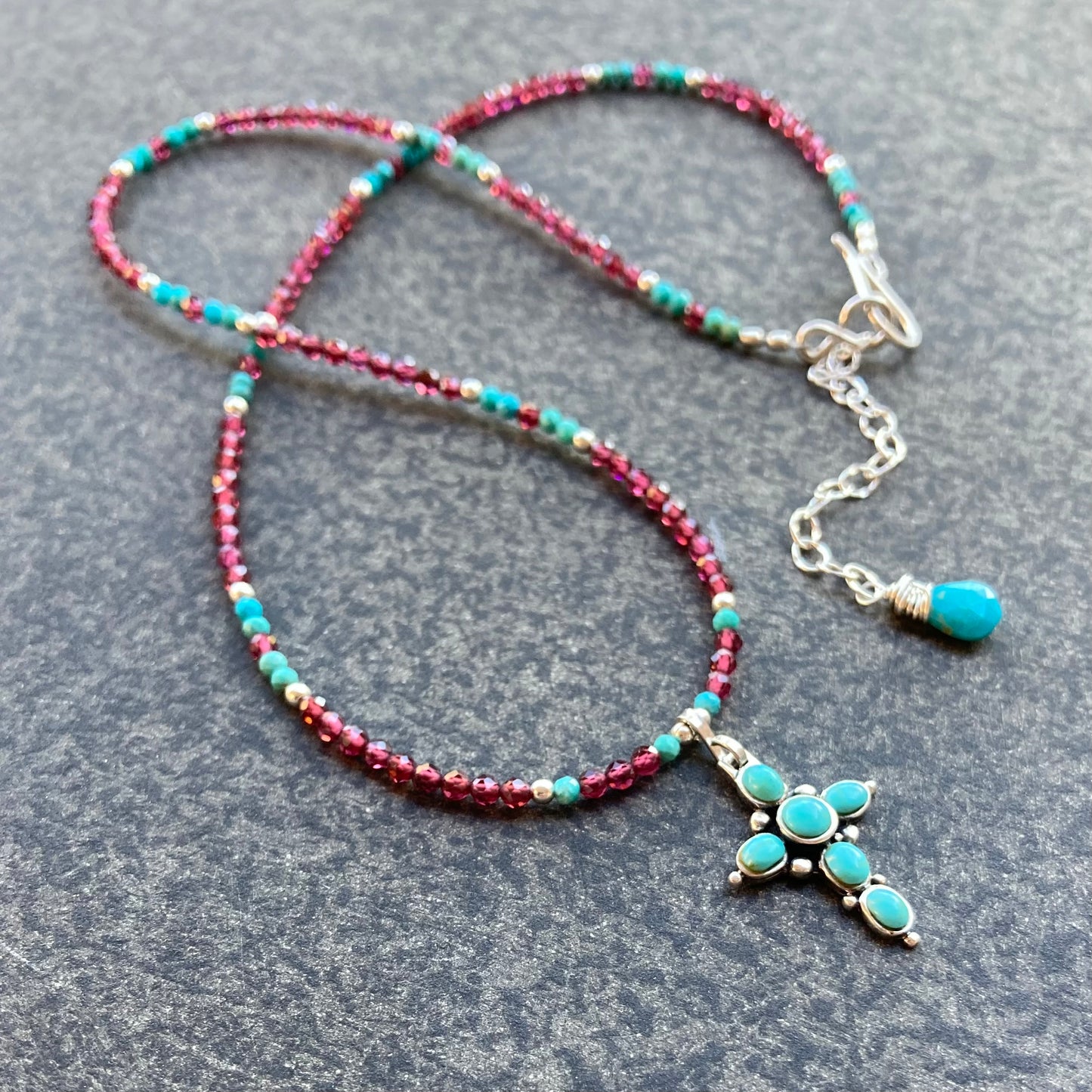 Arizona Turquoise, Mozambique Garnet & Sterling Silver Vintage Cross Necklace