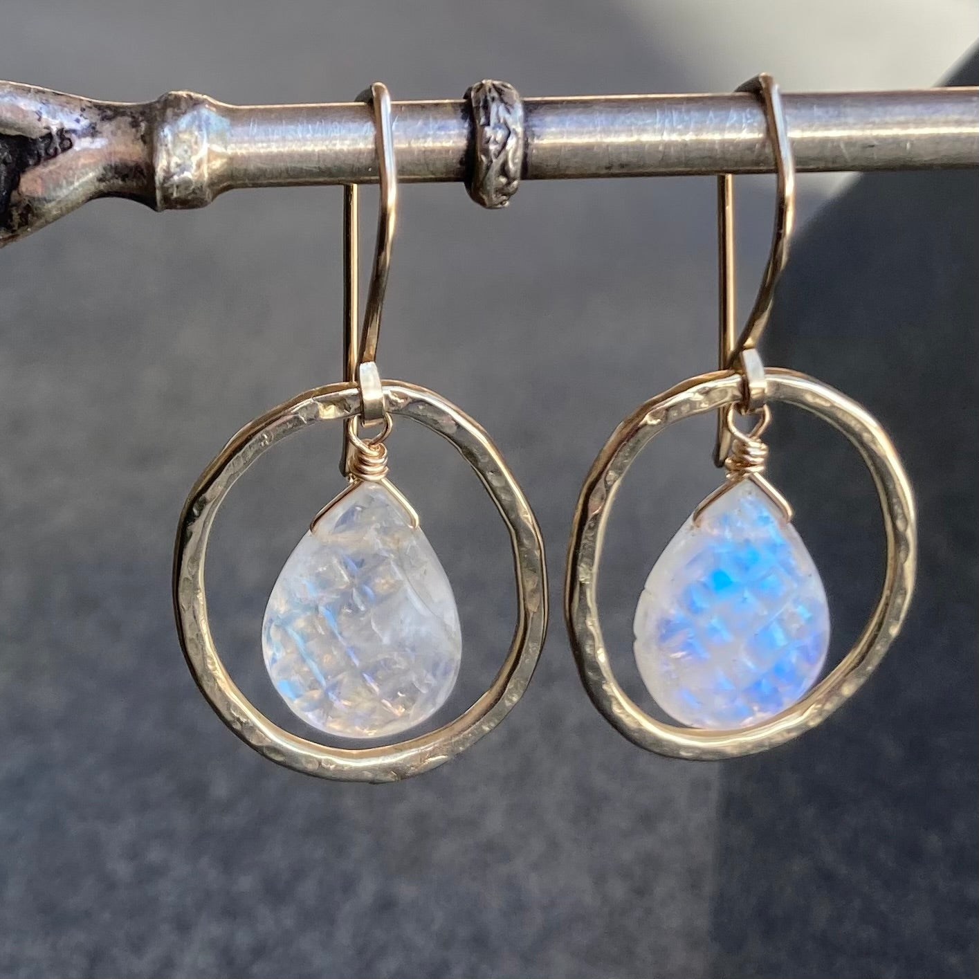 Rainbow Moonstone & Bronze Hoops