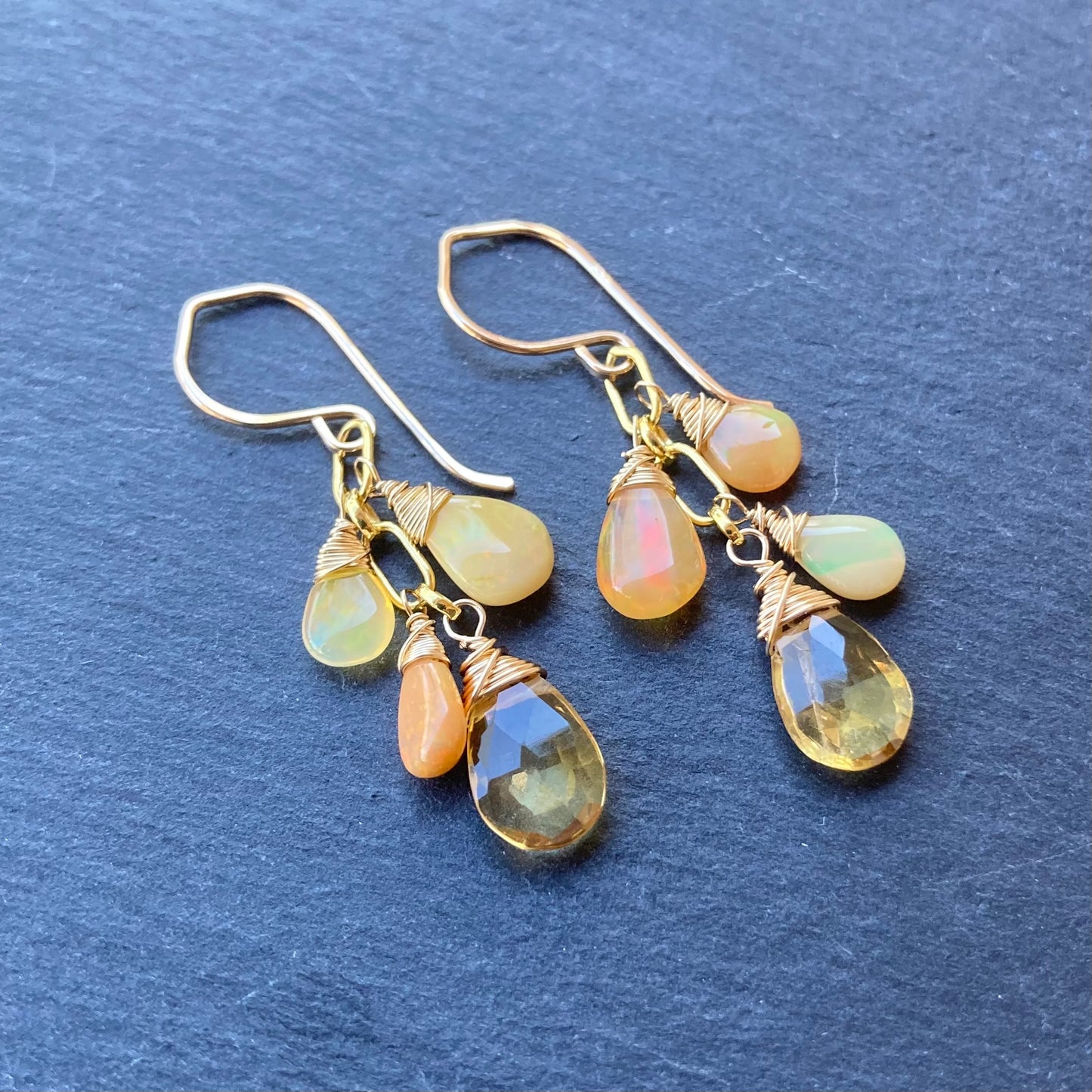 Ethiopian Golden Opal, Citrine & Gold Cascade Earrings