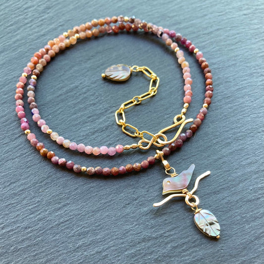 Black Mother of Pearl, Natural Ruby & Gold Autumn Branches Choker