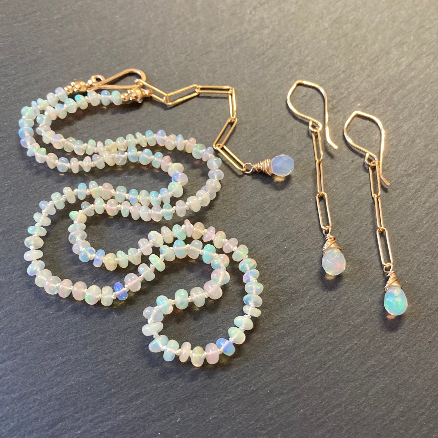 Ethiopian Opal & Gold Long Drop Earrings