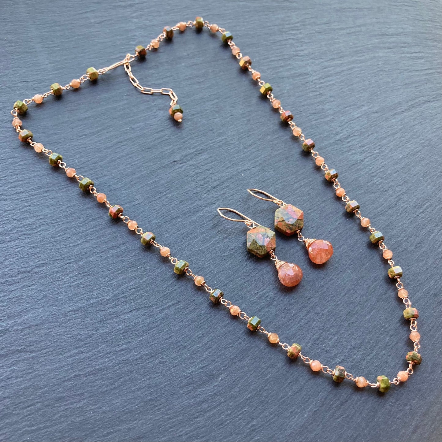 Unakite, Sunstone & Rose Gold Earrings
