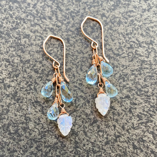 Blue Topaz, Rainbow Moonstone & Rose Gold Cascade Earrings