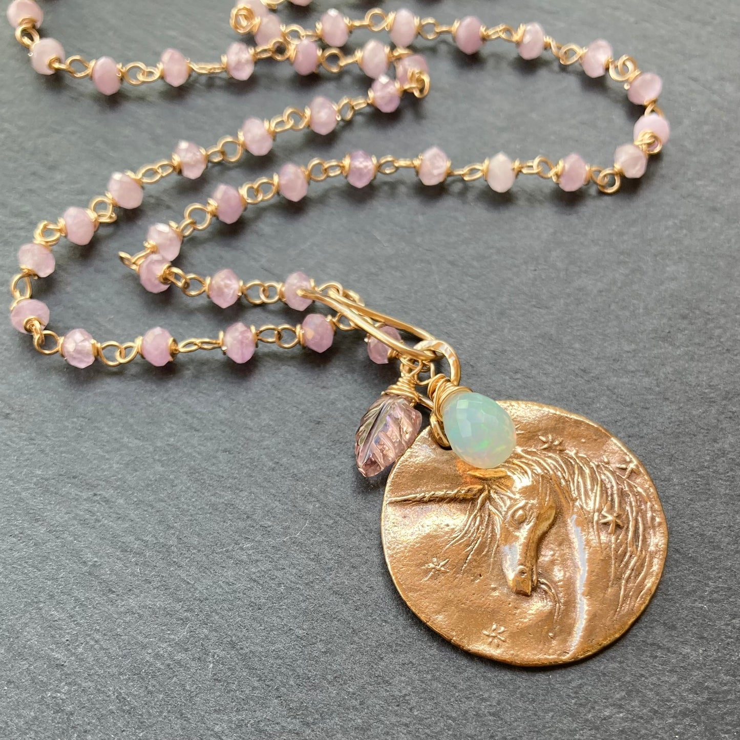 Kunzite, Gold & Bronze Unicorn Coin Necklace