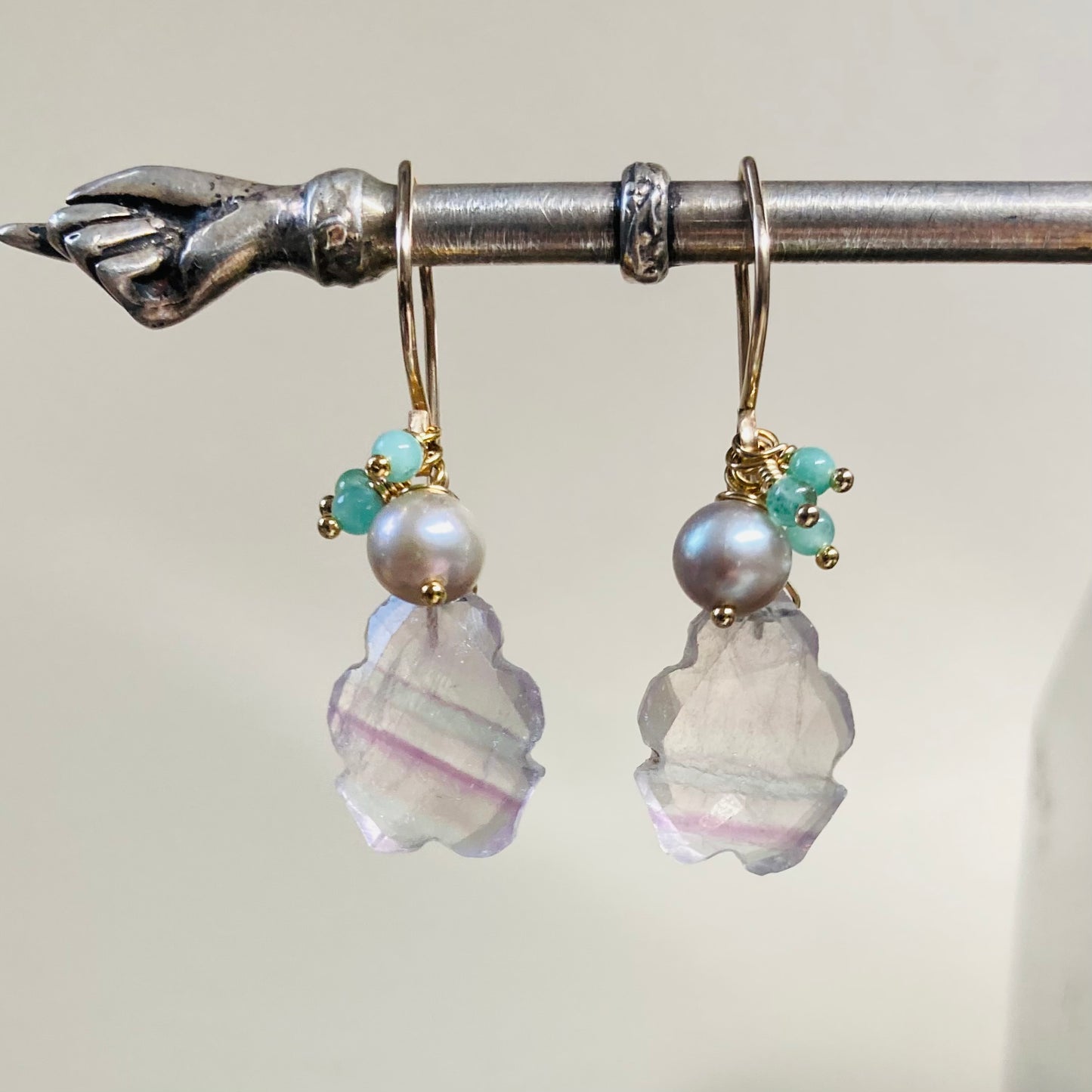 Rainbow Fluorite, Emerald, Pearl & Gold Earrings