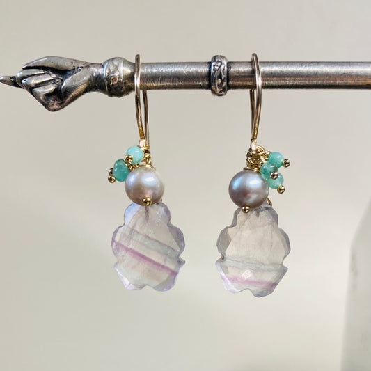 Rainbow Fluorite, Emerald, Pearl & Gold Earrings