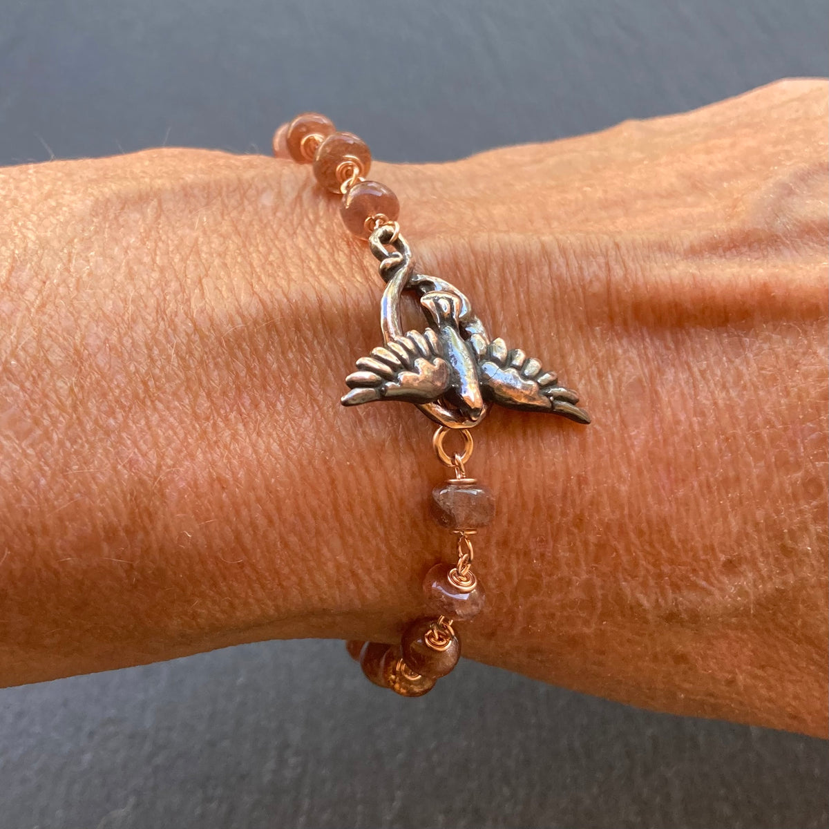 Sunstone, Rose Gold & Shibuichi Bird Toggle Bracelet