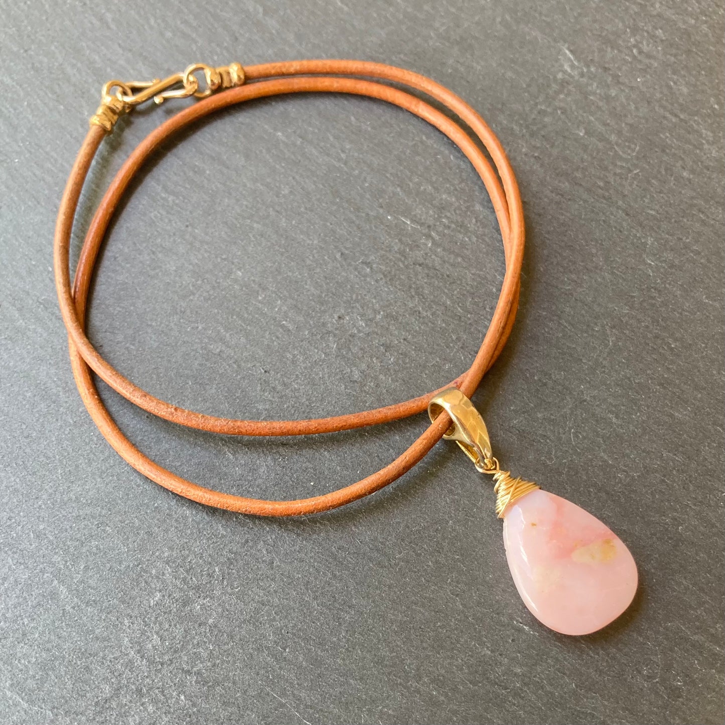 Pink Opal & Bronze Leather Choker