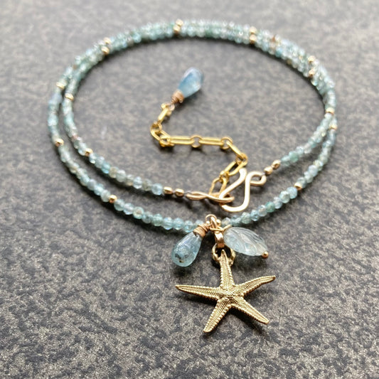 Aqua Apatite, Gold & Bronze Sea Star Charm Necklace