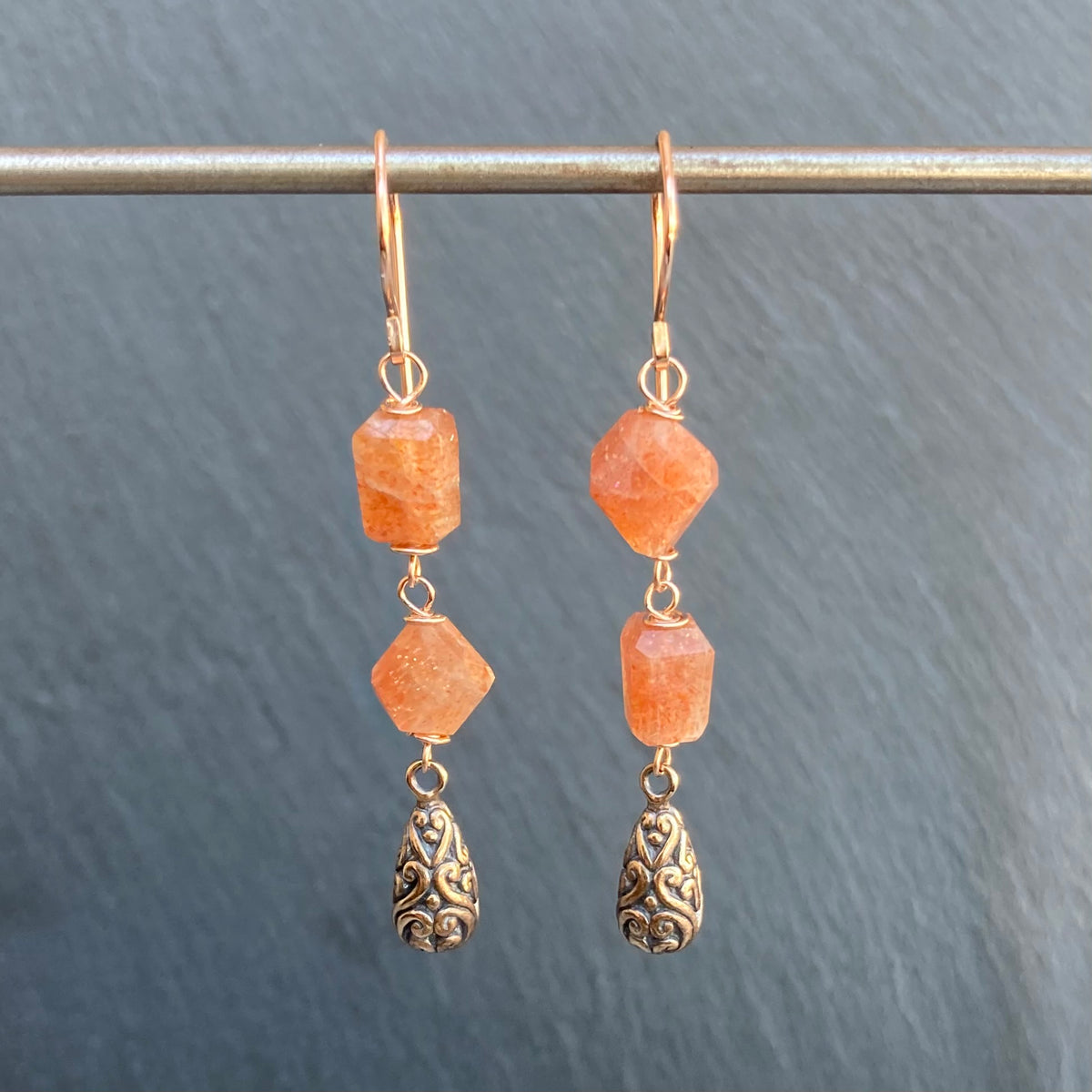 Sunstone, Rose Gold & Shibuichi Long Drop Earrings