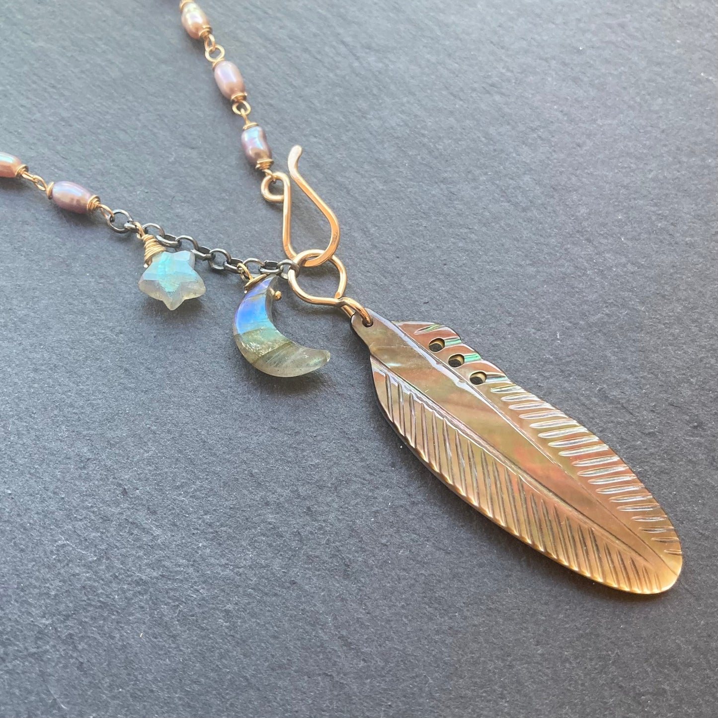 Black Mother of Pearl, Labradorite & Mixed Metal Crow Moon Necklace