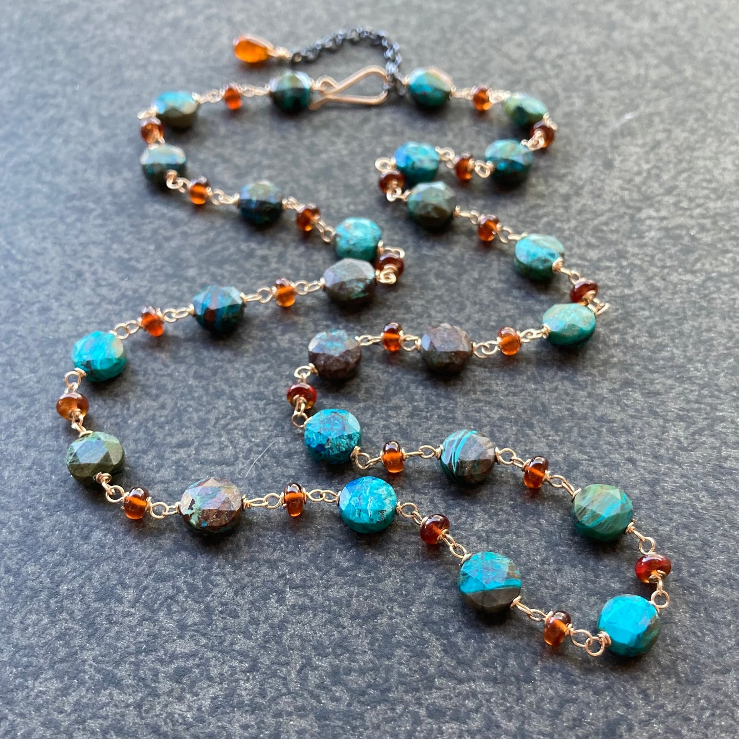 Natural Chrysocolla, Hessonite & Gold Necklace