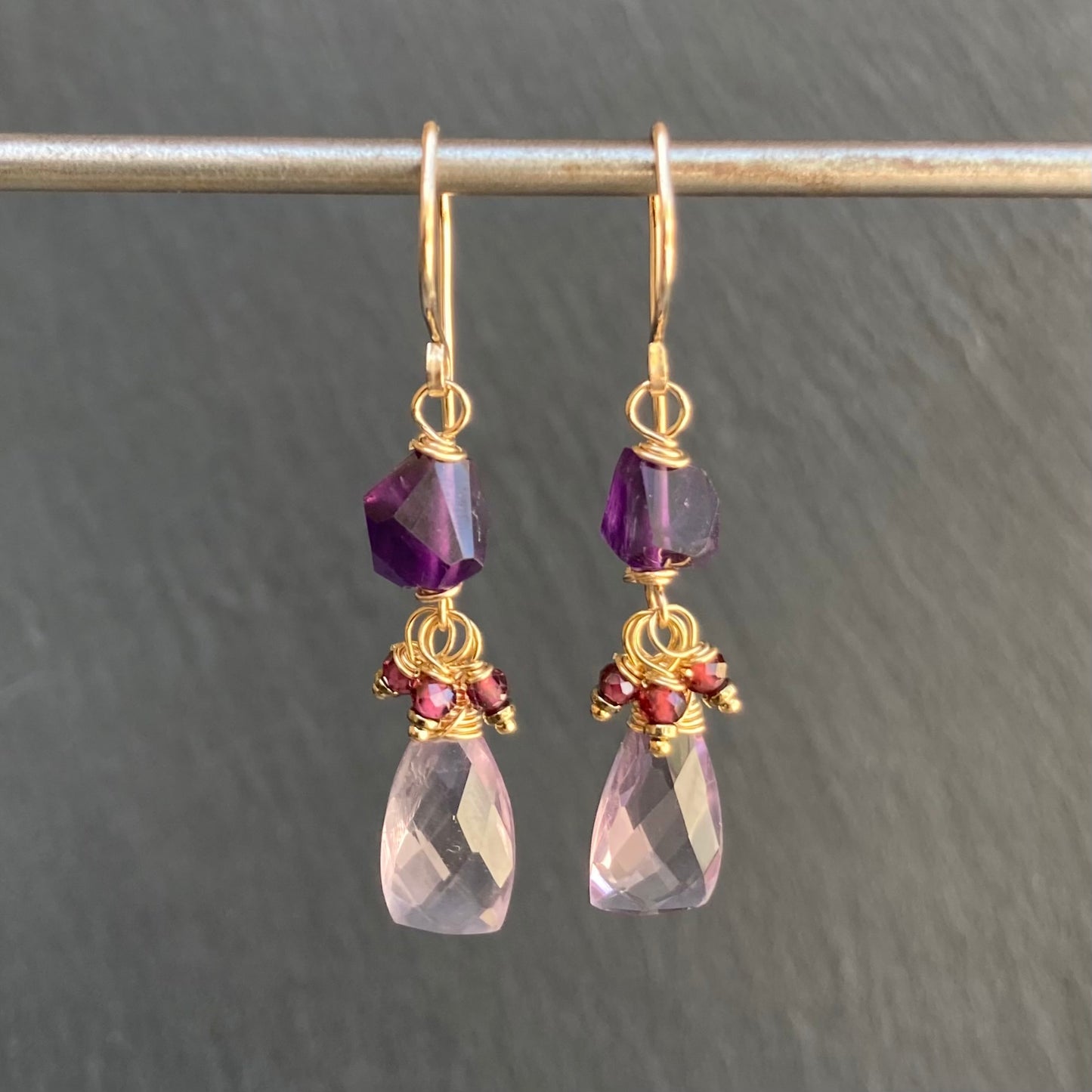 Amethyst, Rhodolite Garnet & Gold Earrings