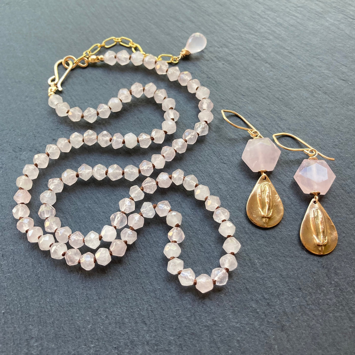 Rose Quartz Hand Knotted Chocolate Silk Necklace