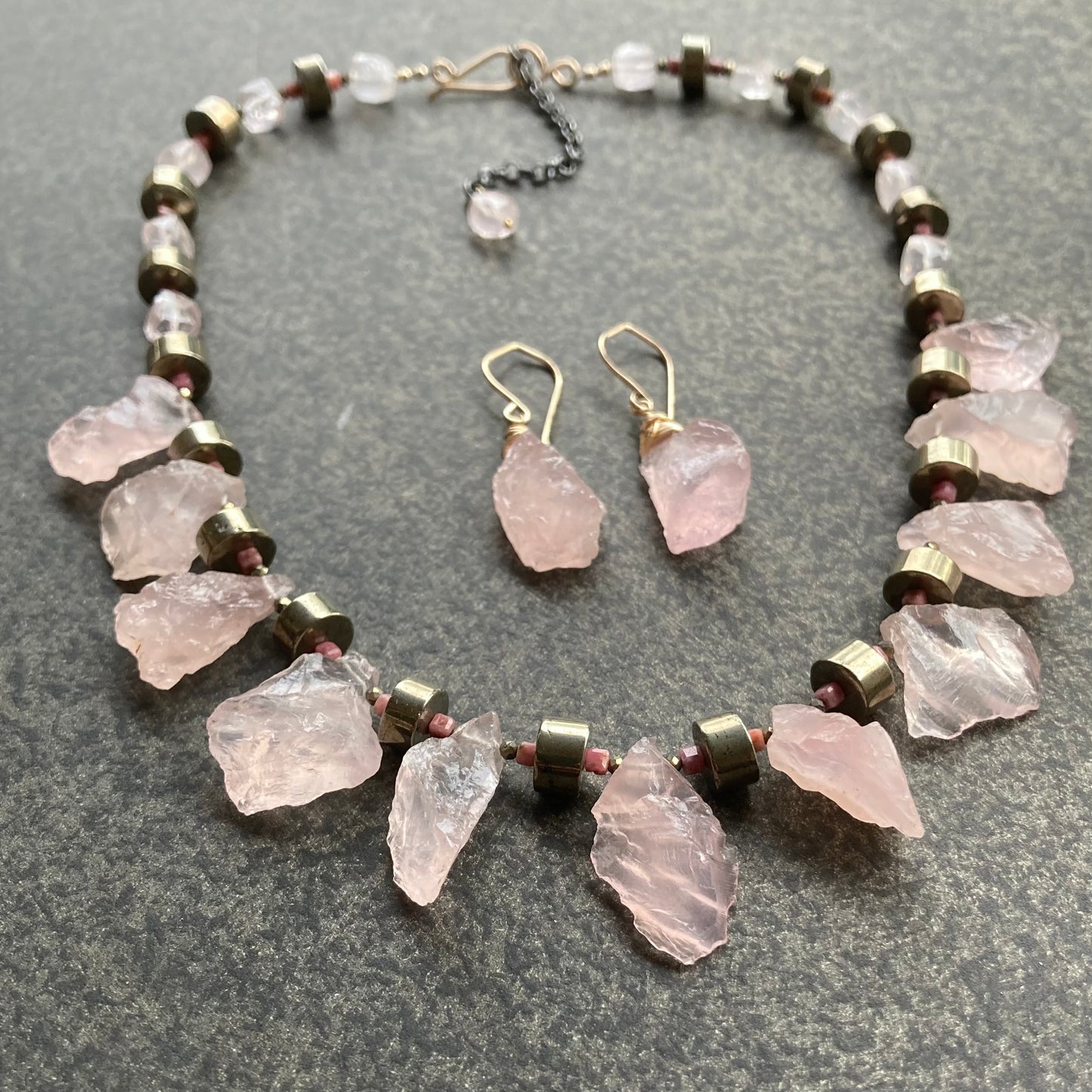 Raw Rose Quartz, Pyrite, Rhodonite & Mixed Metal Collar