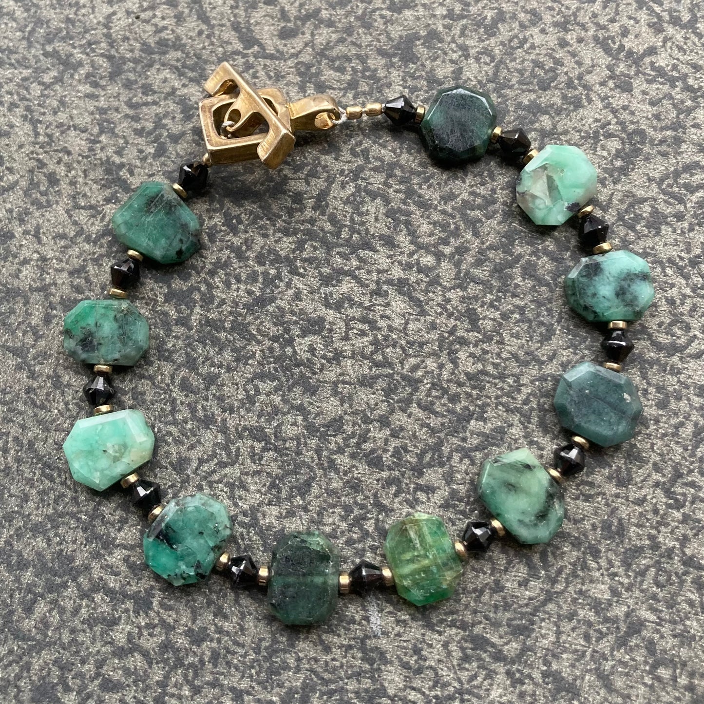 Natural Emerald, Black Spinel & Bronze Toggle Bracelet