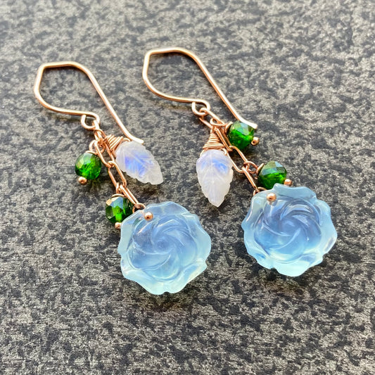 Aquamarine, Chrome Diopside, Rainbow Moonstone & Rose Gold Cascade Earrings