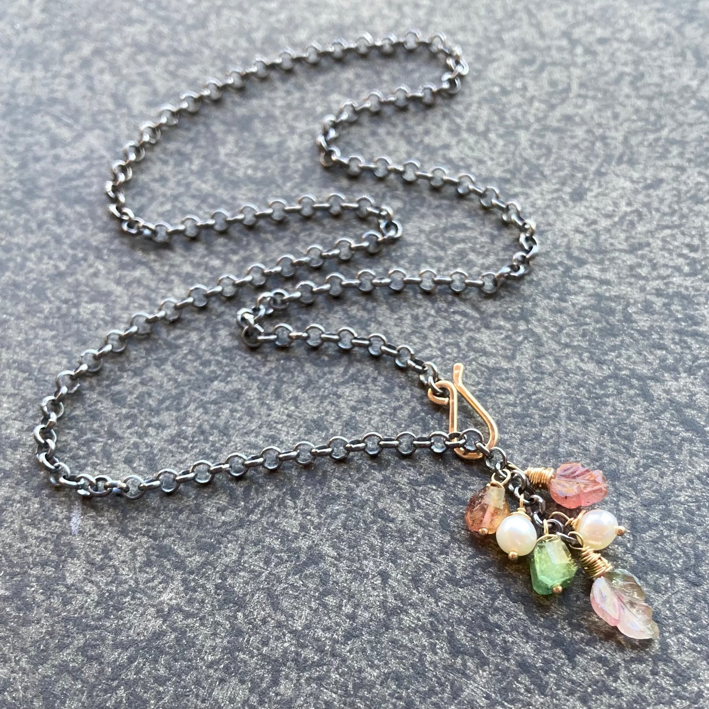 Watermelon Tourmaline, Freshwater Pearl & Mixed Metal Leaf Lariat Necklace