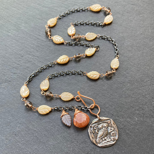 Multi Gemstone & Mixed Metal Athene Noctua Pendant Necklace