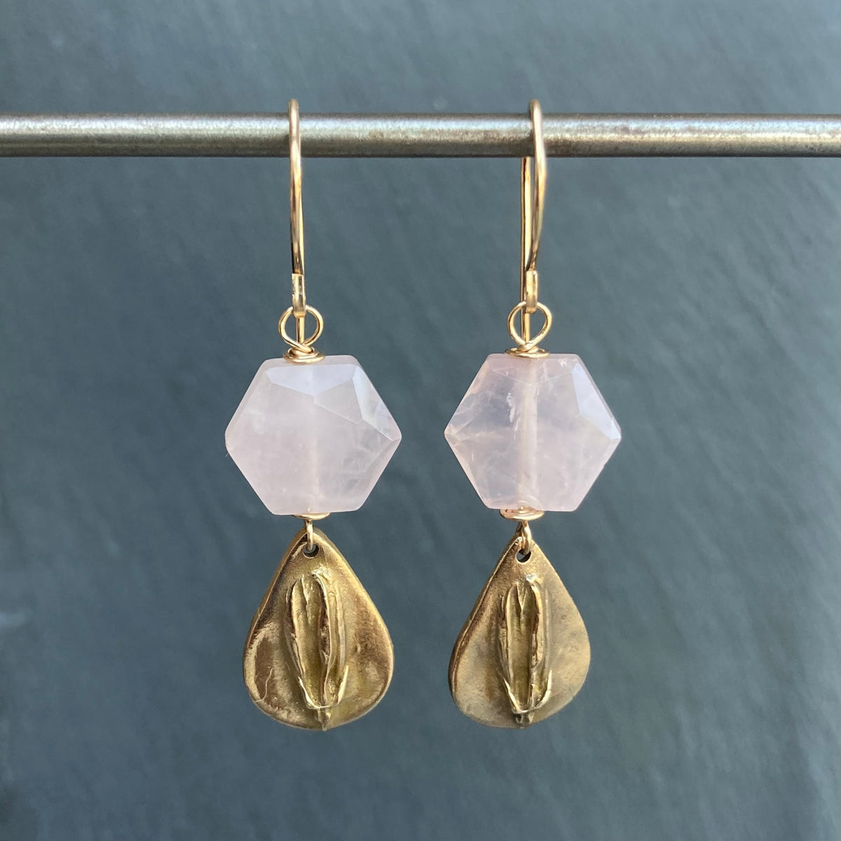 Rose Quartz, Gold & Bronze Earrings