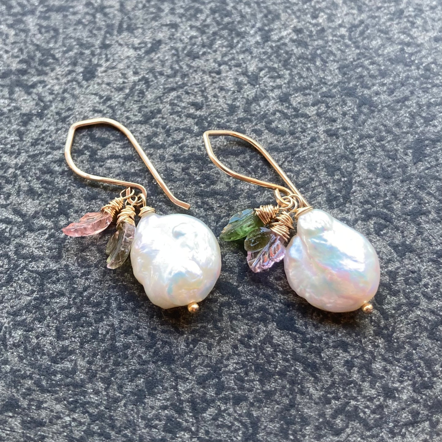 Watermelon Tourmaline Freshwater Coin Pearl & Gold Leaf Earrings