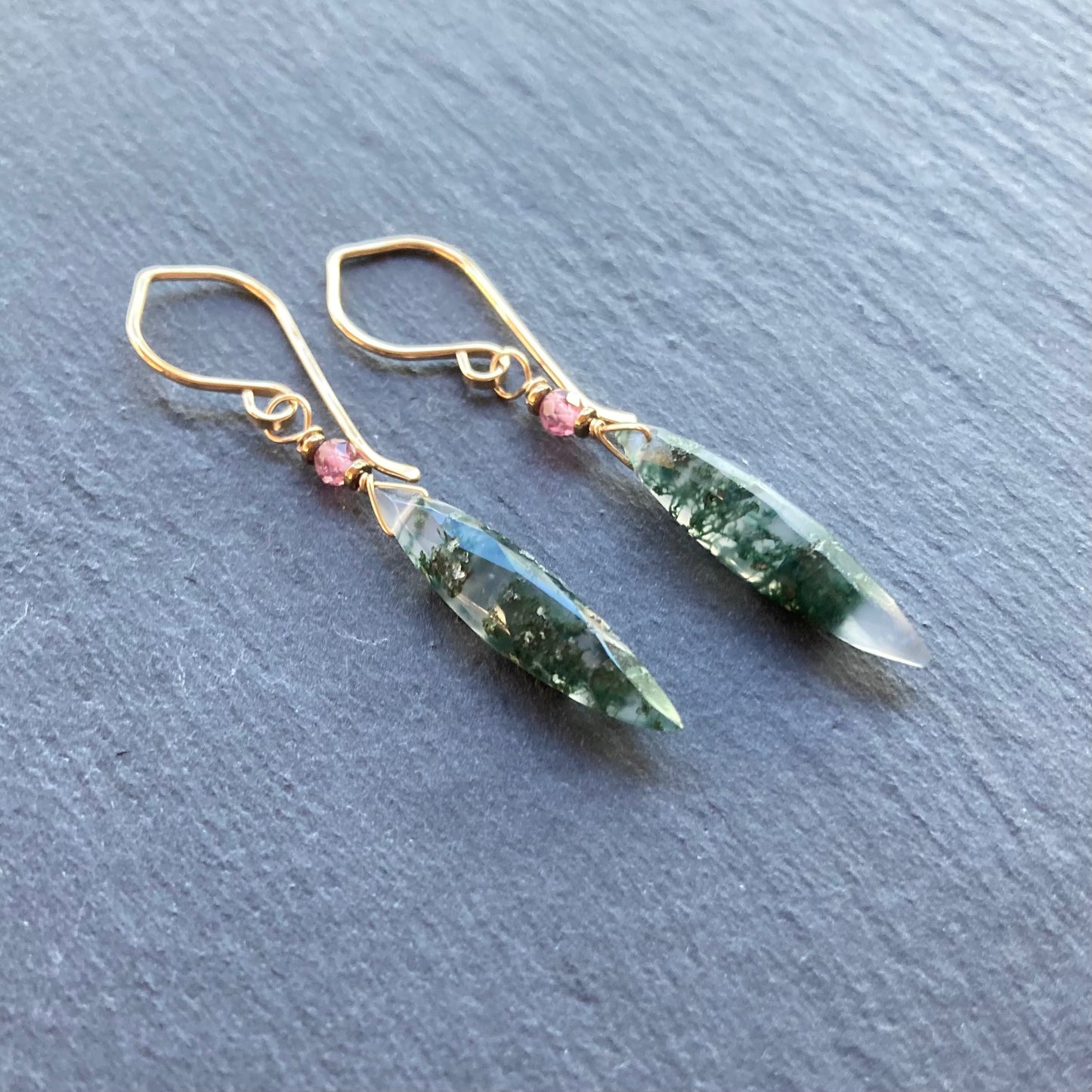 Moss Agate & Gold Marquis Earrings