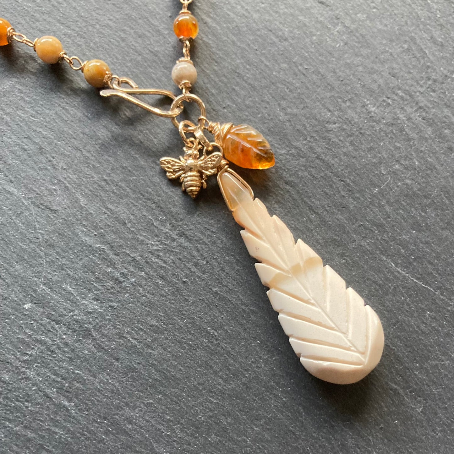 Fossil Coral, Dendritic Opal & Gold Nectar Pendant Necklace