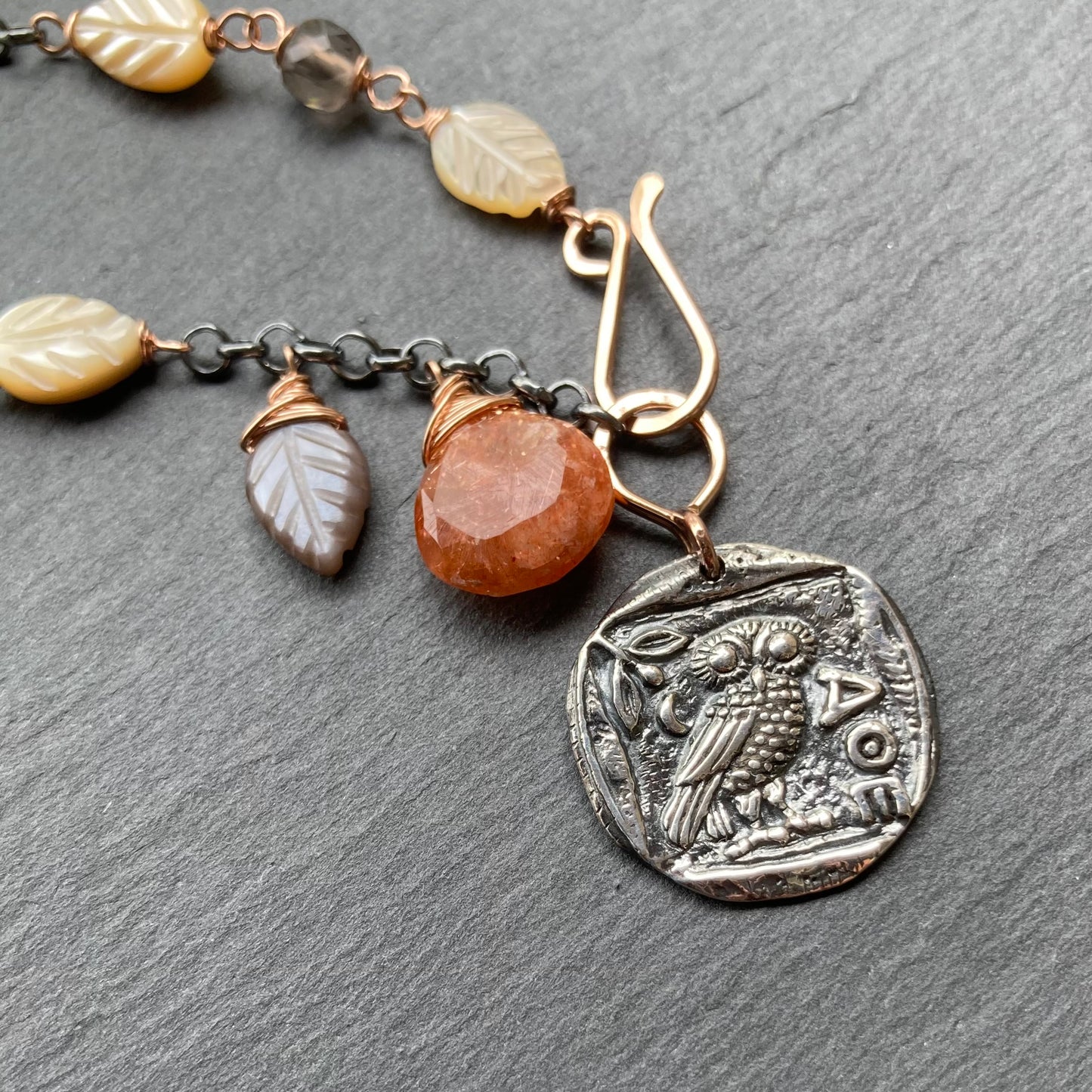 Multi Gemstone & Mixed Metal Athene Noctua Pendant Necklace