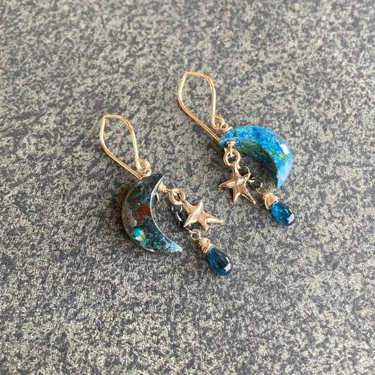 Chrysocolla, Neon Blue Kyanite & Mixed Metal Starry Night Cascade Earrings