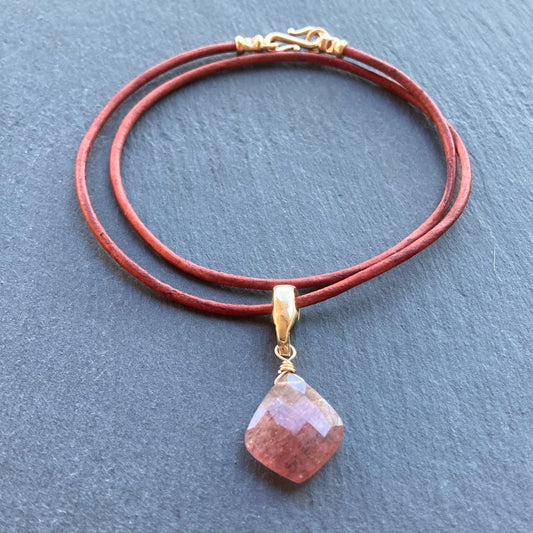 Strawberry Quartz & Bronze Leather Choker