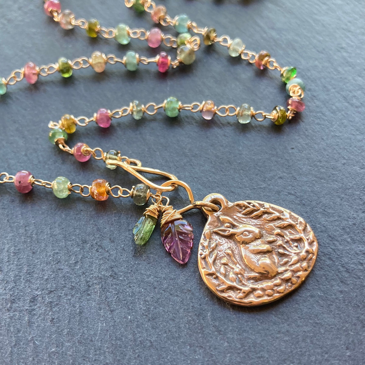 Tourmaline, Gold & Bronze Bunny Pendant Necklace