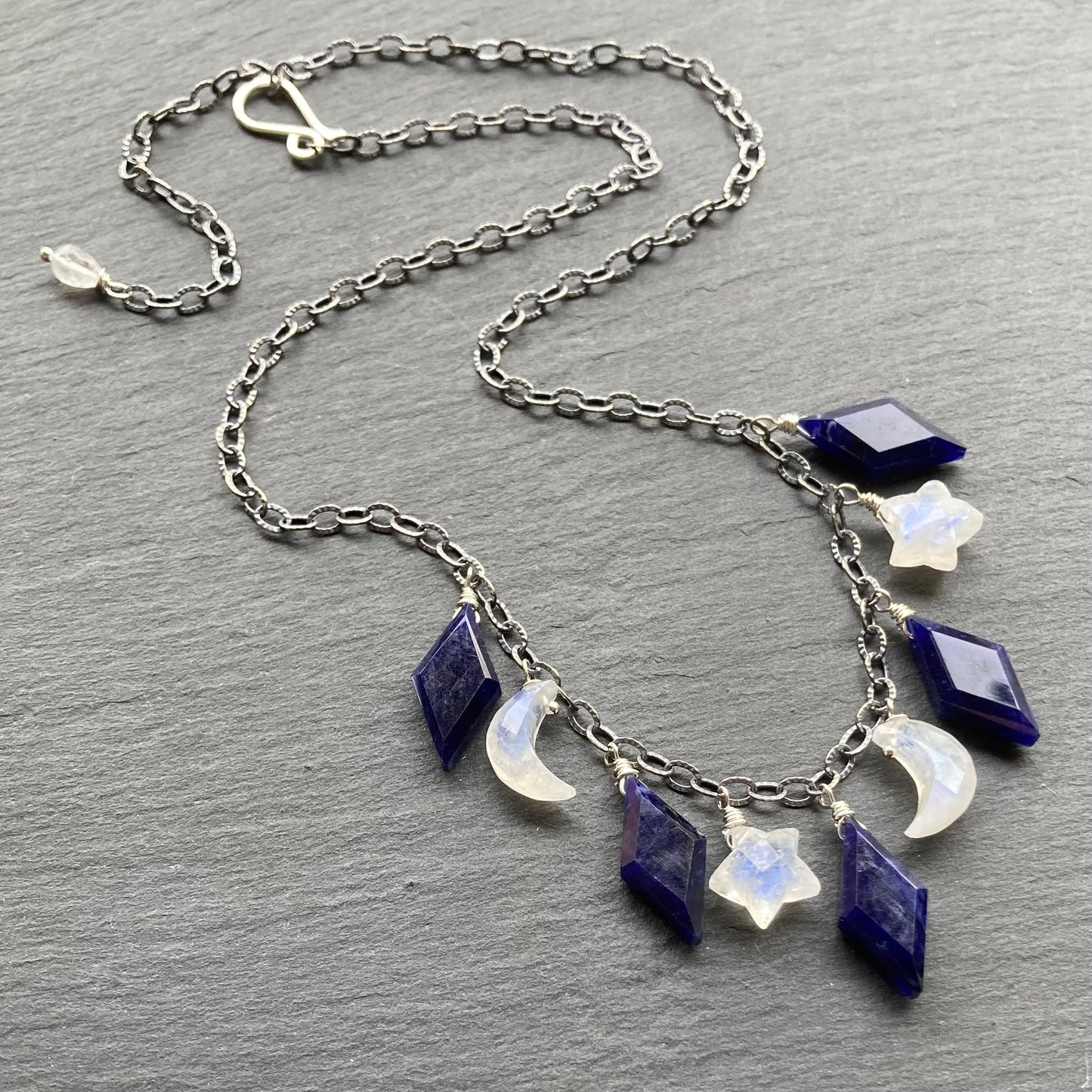 Rainbow Moonstone, Sodalite & Sterling Silver Alternate Universe Charm Choker