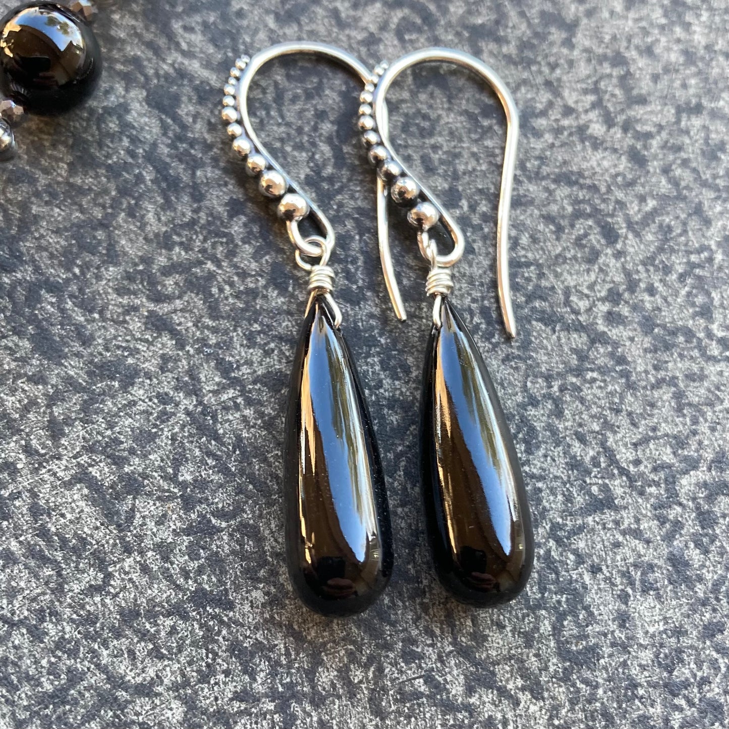 Black Onyx & Granulated Sterling Silver Long Teardrop Earrings