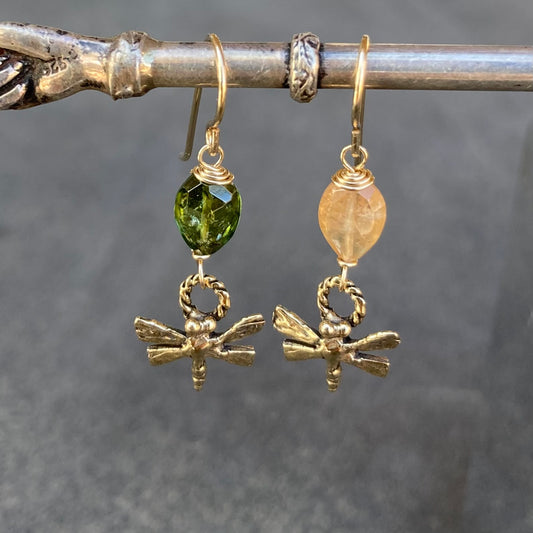 Tourmaline, 14k Gold & Bronze Dragonfly Earrings