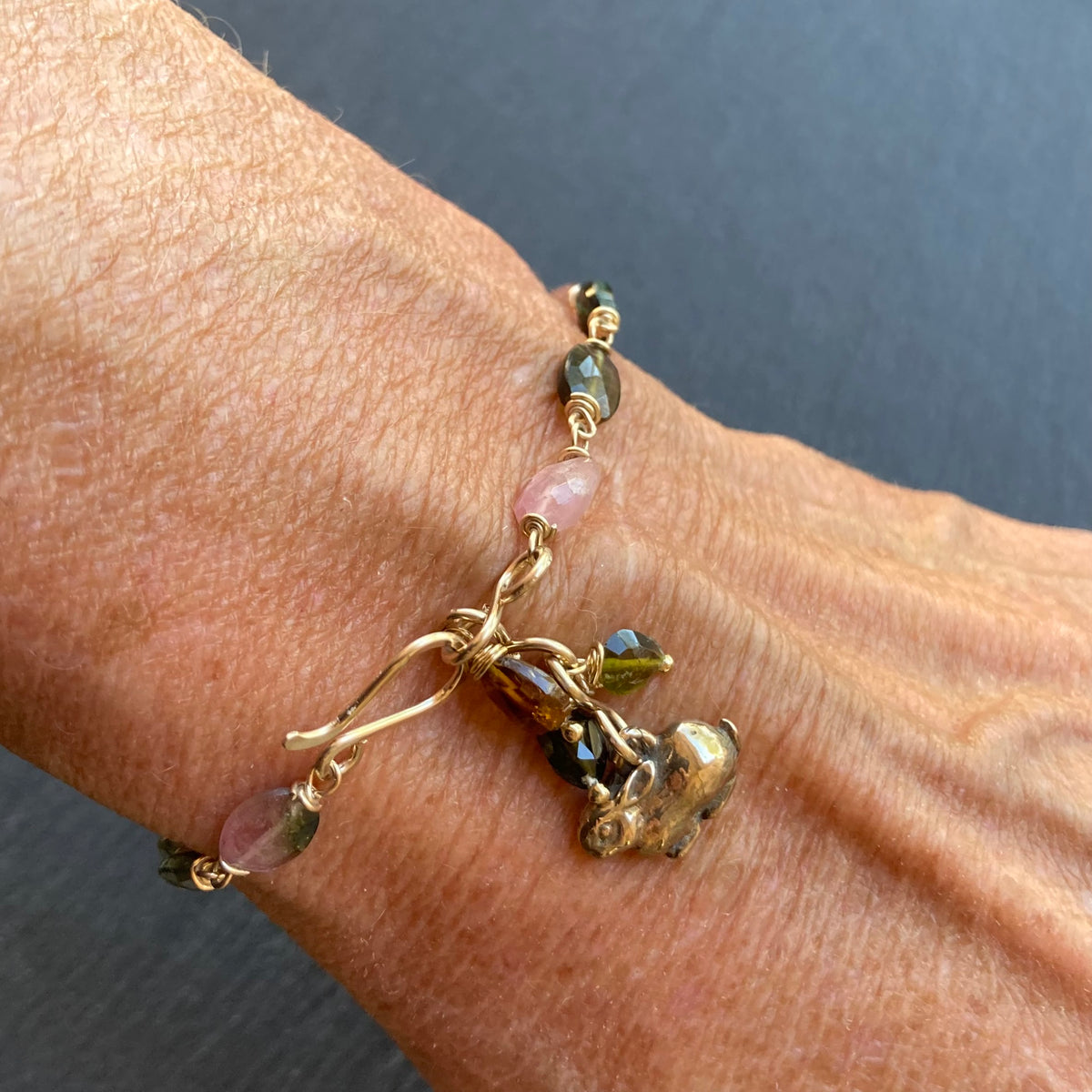 Tourmaline, Gold & Bronze Bunny Charm Bracelet