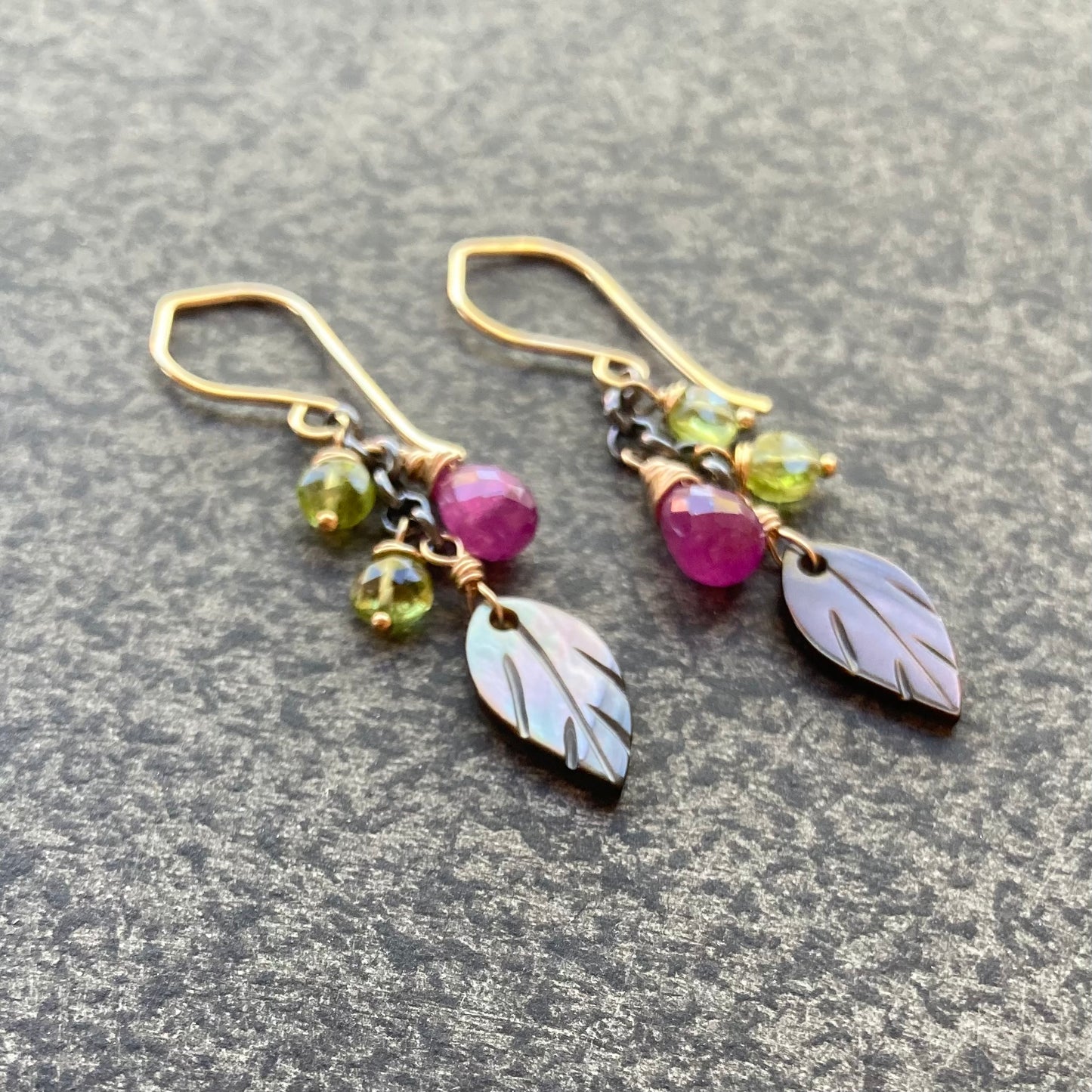 Black Mother of Pearl, Peridot, Ruby & Mixed Metal Cascade Earrings