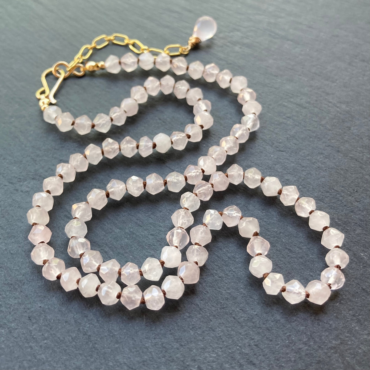 Rose Quartz Hand Knotted Chocolate Silk Necklace
