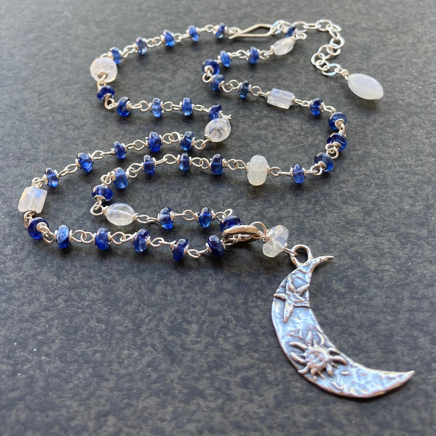 Blue Kyanite, Rainbow Moonstone & Sterling Silver Crescent Moon Necklace