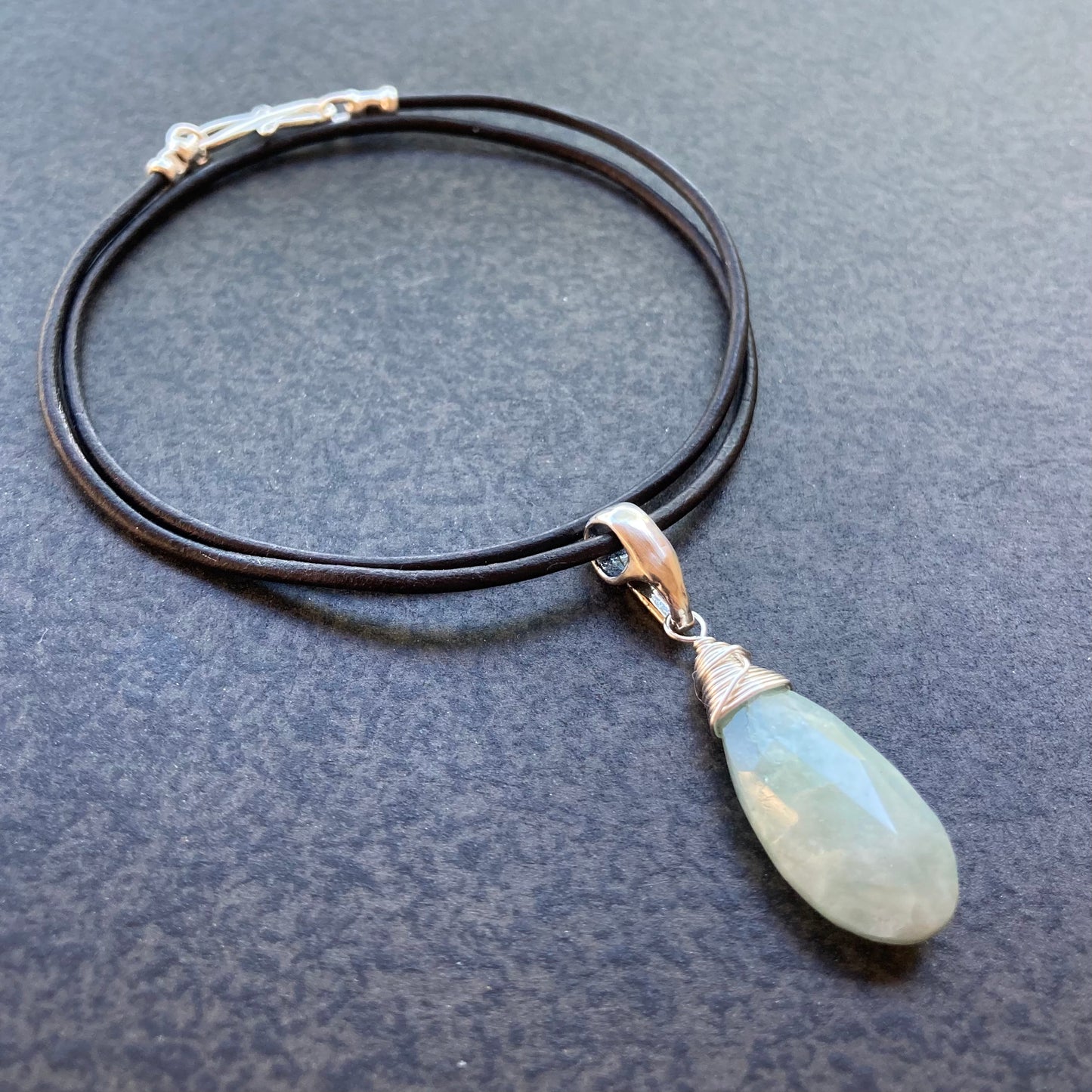 Milky Aquamarine & Sterling Silver Leather Choker