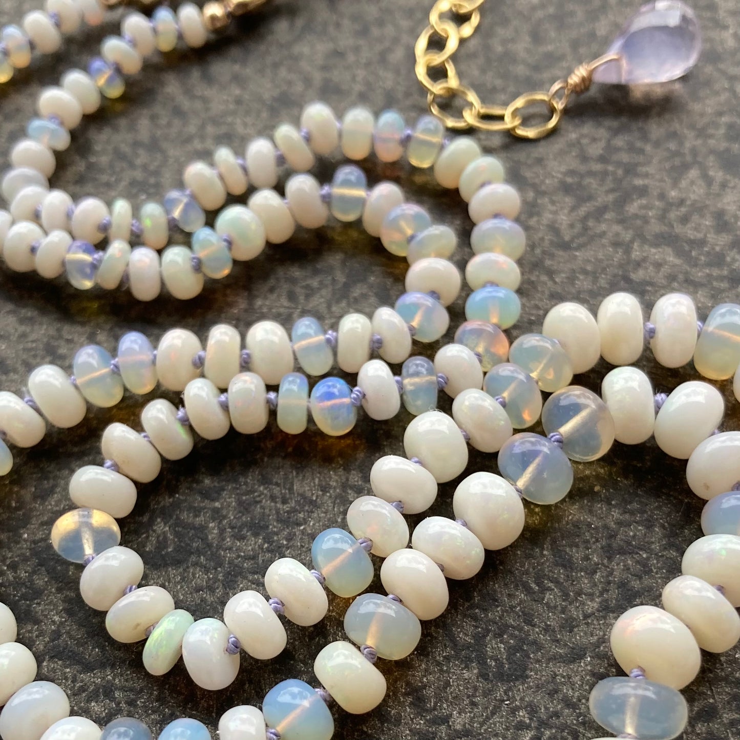 Australian Opal Hand Knotted Lilac Silk Necklace