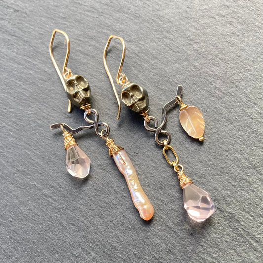 Rose Quartz, Pearl & Pyrite Calavera Talisman Earrings