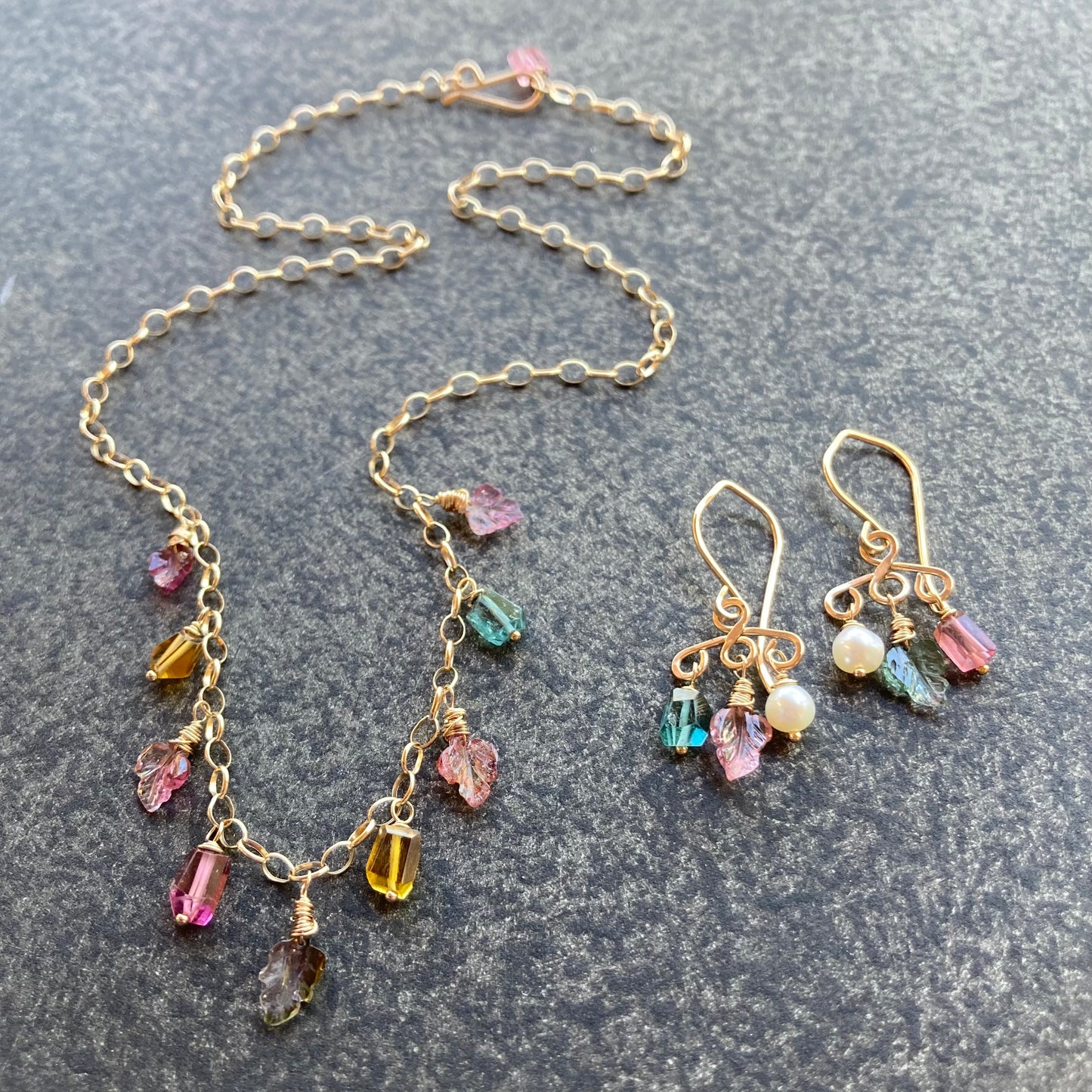 Multicolor Tourmaline & Gold Leaf Charm Choker