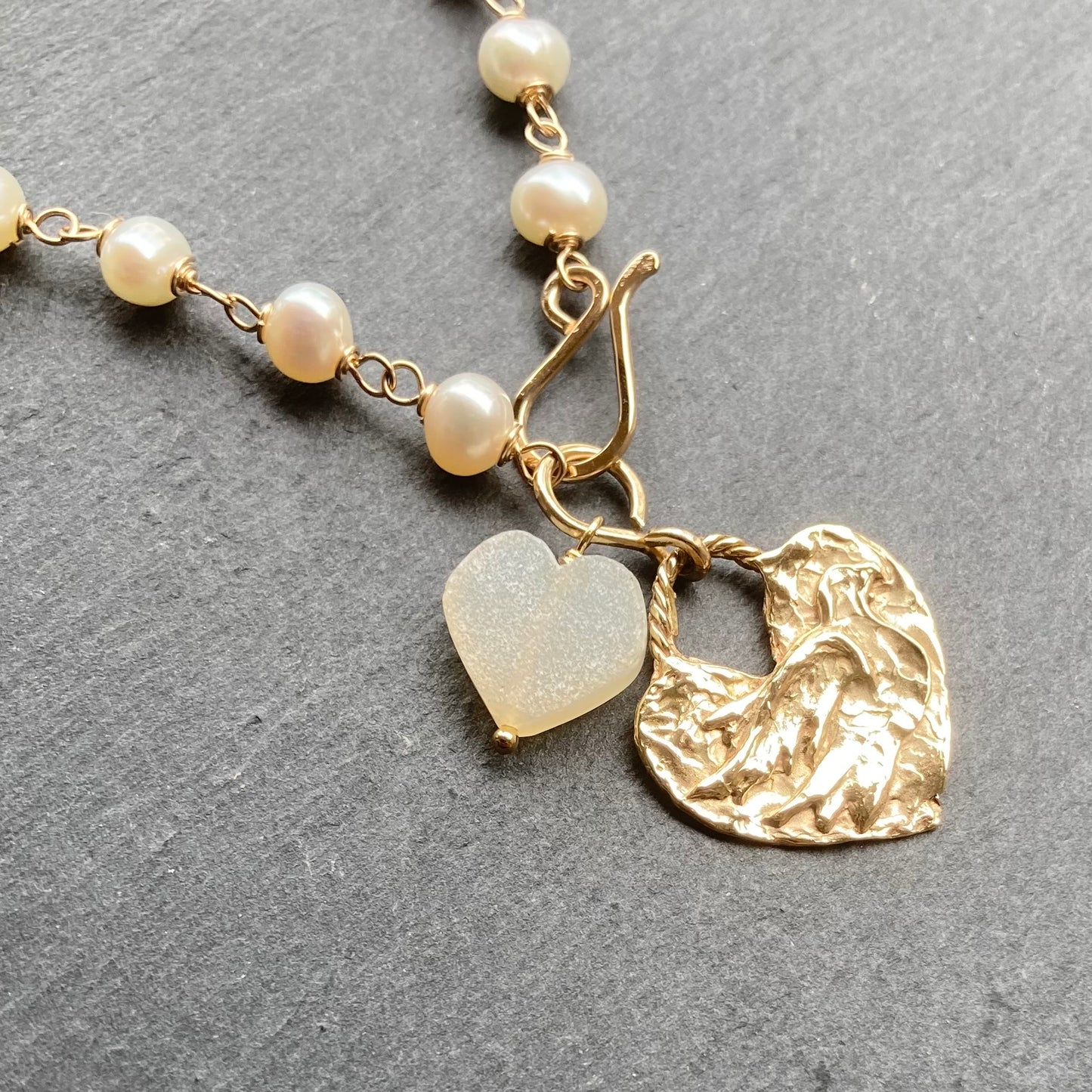 Freshwater Pearl, Gold & Bronze Peace & Love Pendant Necklace