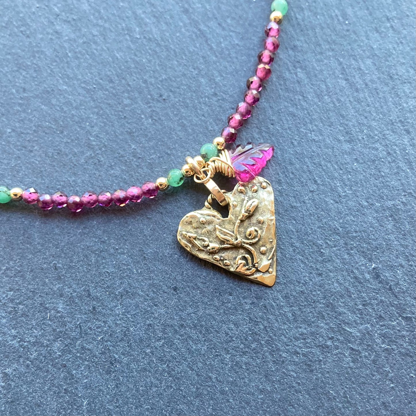 Rhodolite Garnet, Emerald, Gold & Bronze Heart Pendant Choker