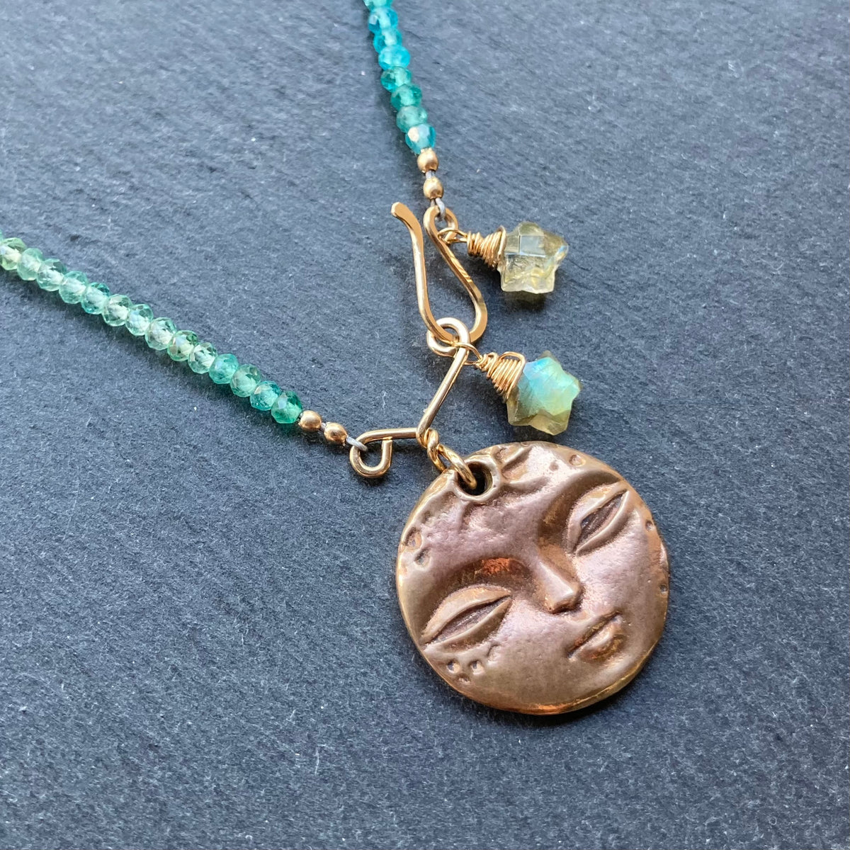Aqua Apatite & Bronze Full Moon Pendant Choker