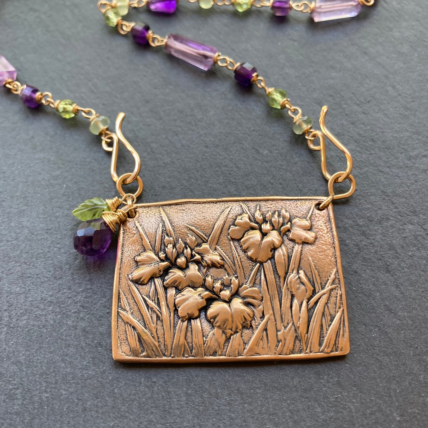 Amethyst, Peridot, Gold & Bronze Iris Pendant Necklace