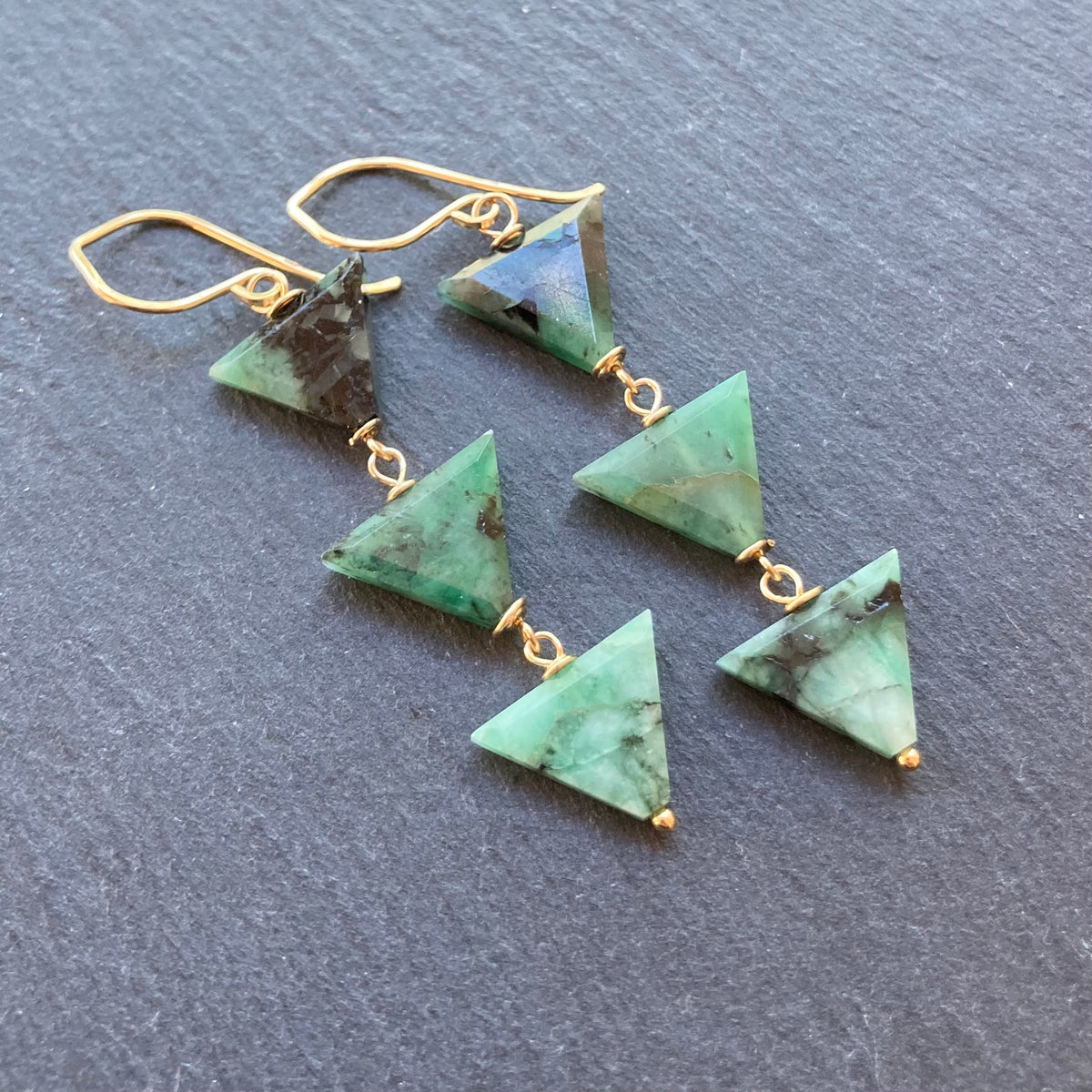 Natural Emerald & Gold Long Drop Earrings