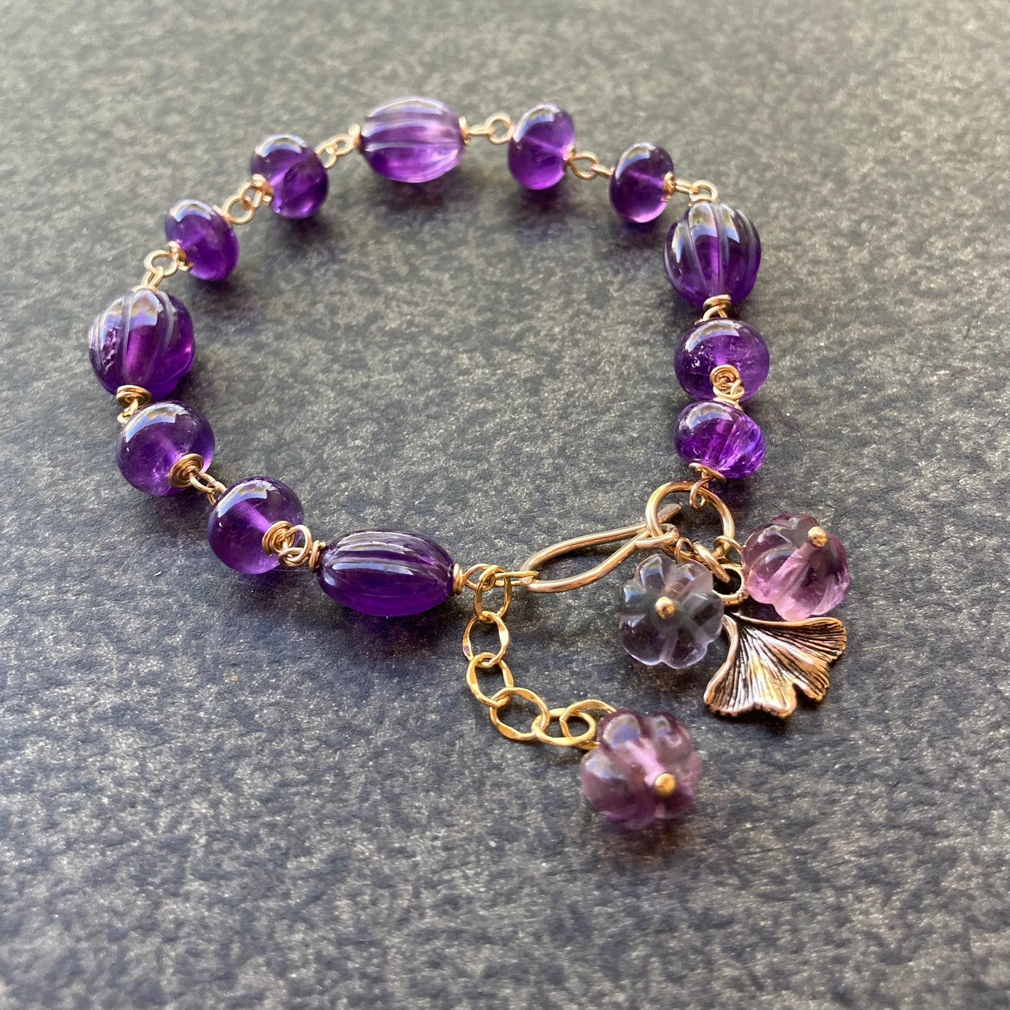 Amethyst, Fluorite, Gold & Bronze Ginkgo Flower Charm Bracelet